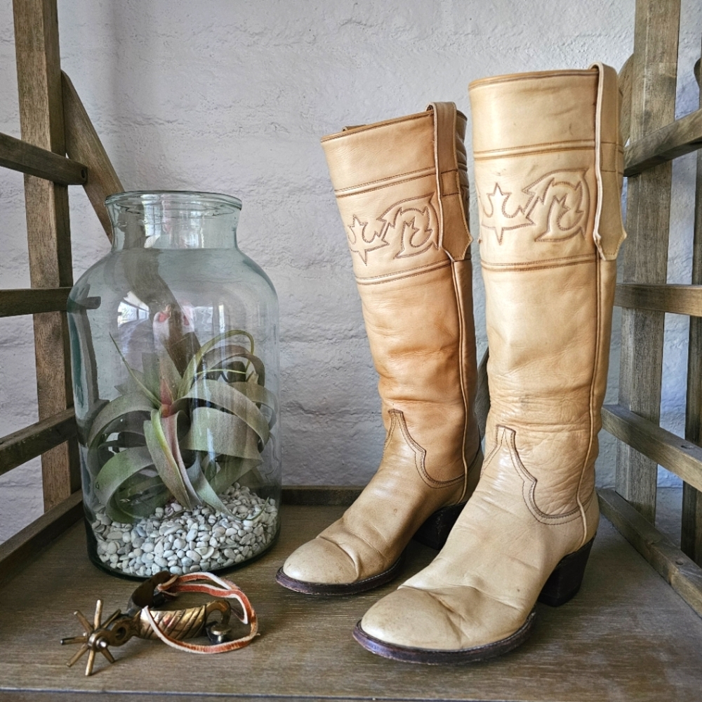 VTG Larry Mahan Tall Leather Western Boots Untouched Patina Made in Texas Sz 7 - Picture 11 of 12